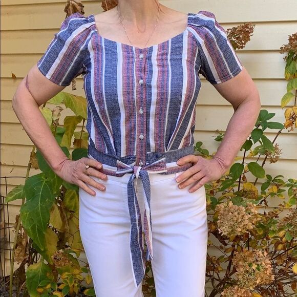 Drew linen, maroon/blue/white striped blouse, new, short sleeves, waist ties, S - Picture 2 of 8